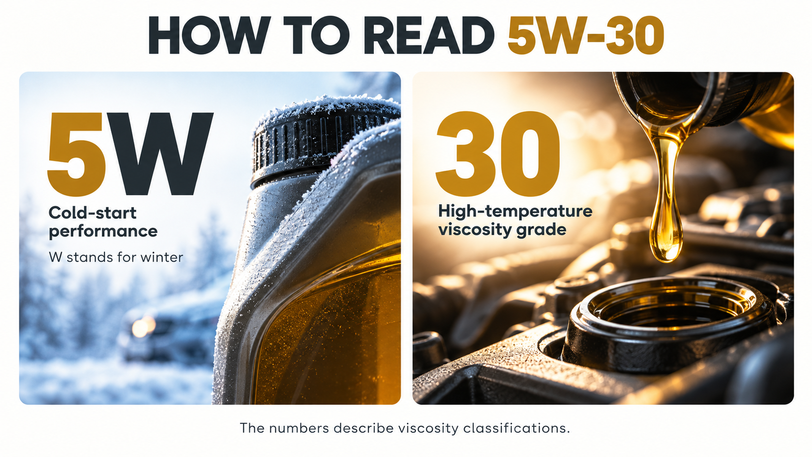 Bottle of 5W-30 motor oil beside an engine. The 5W indicates cold-temperature starting and pumping performance, with W standing for winter, while 30 identifies the oil’s high-temperature viscosity grade.